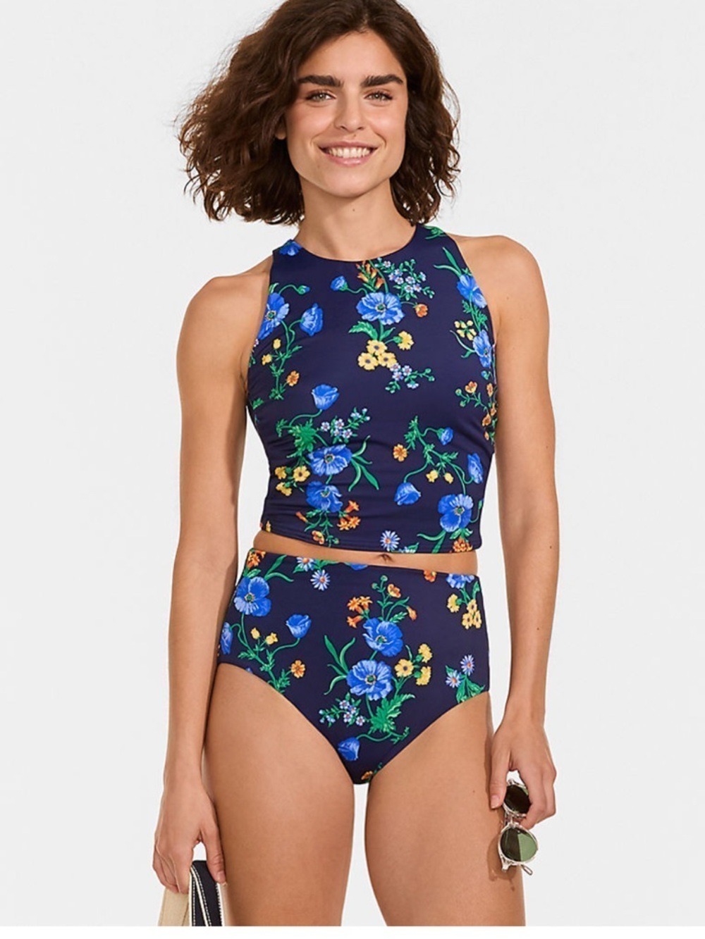 Women's Tugless Portrait Back Swimsuit Set in Navy/Tossed Poppy Floral